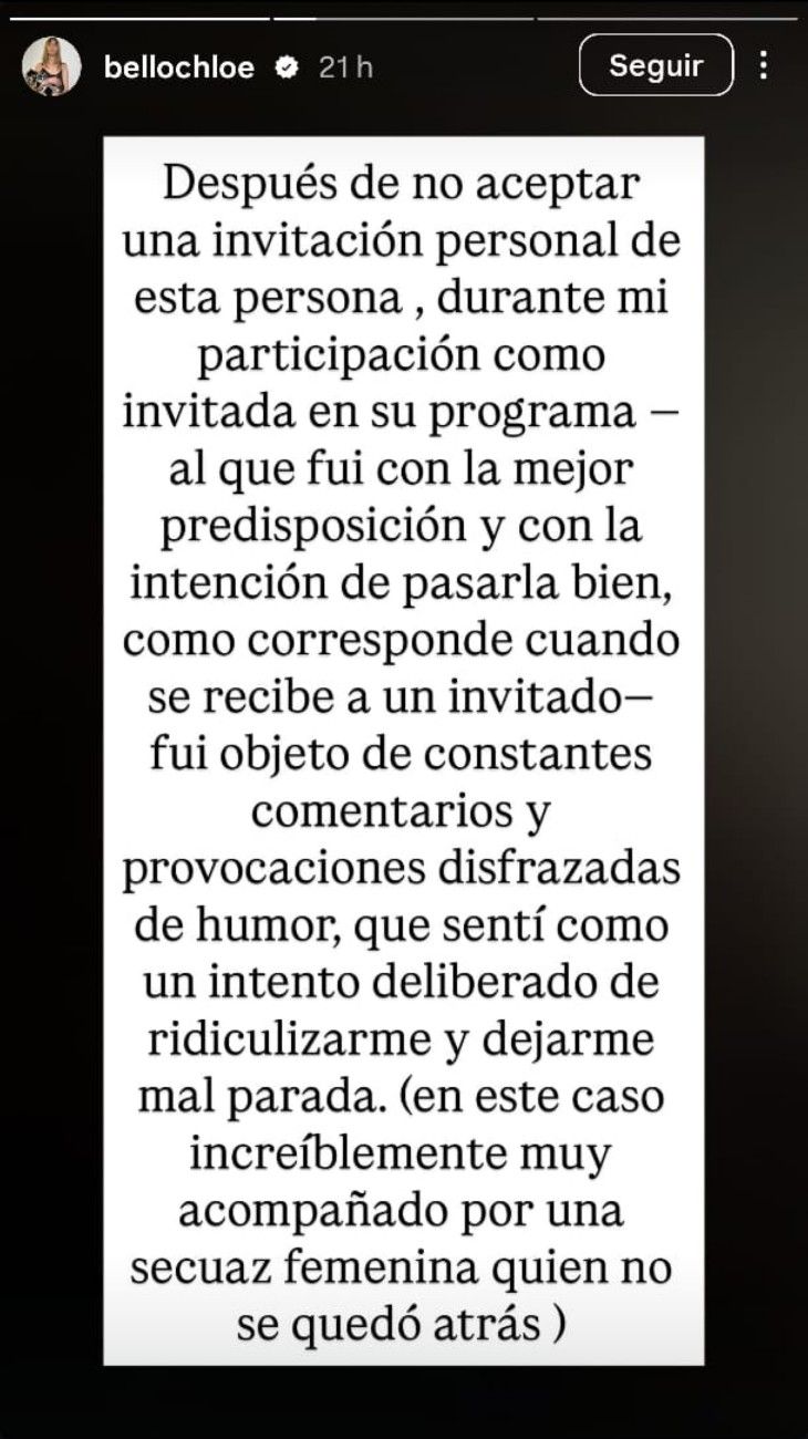 Chloé Bello publicó un feroz descargo