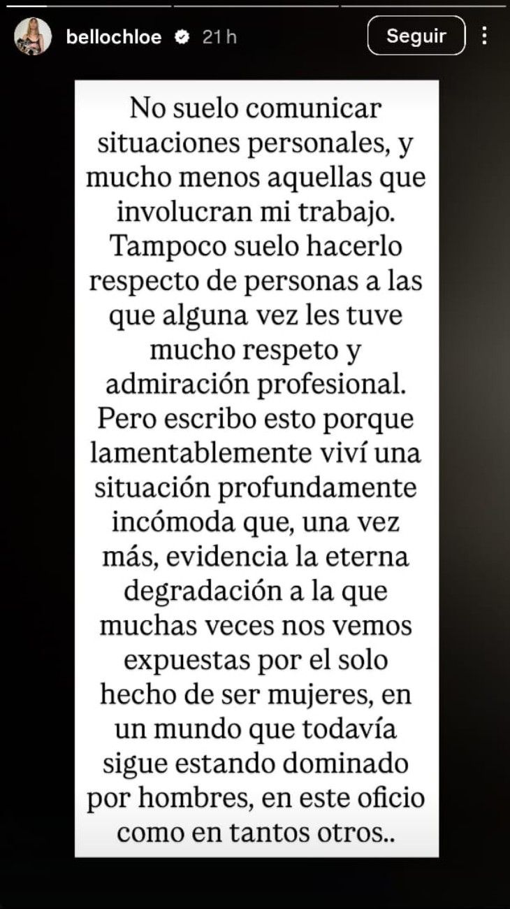 Chloé Bello publicó un feroz descargo