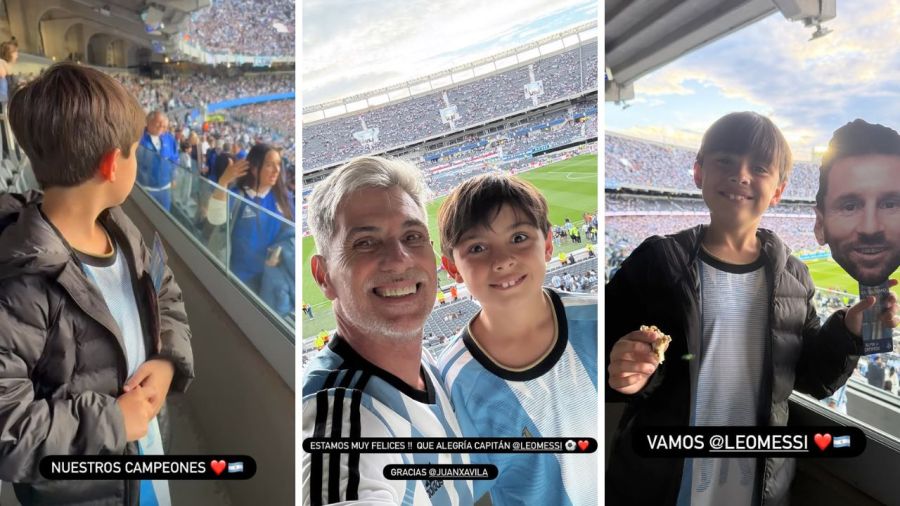 El Chato Prada y su hijo Valentín en la despedida de Lionel Messi