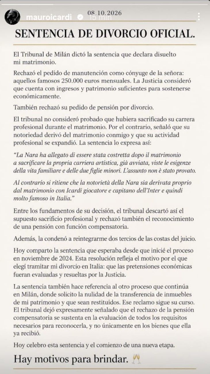 Sentencia de divorcio oficial de Wanda Nara y Mauro Icardi