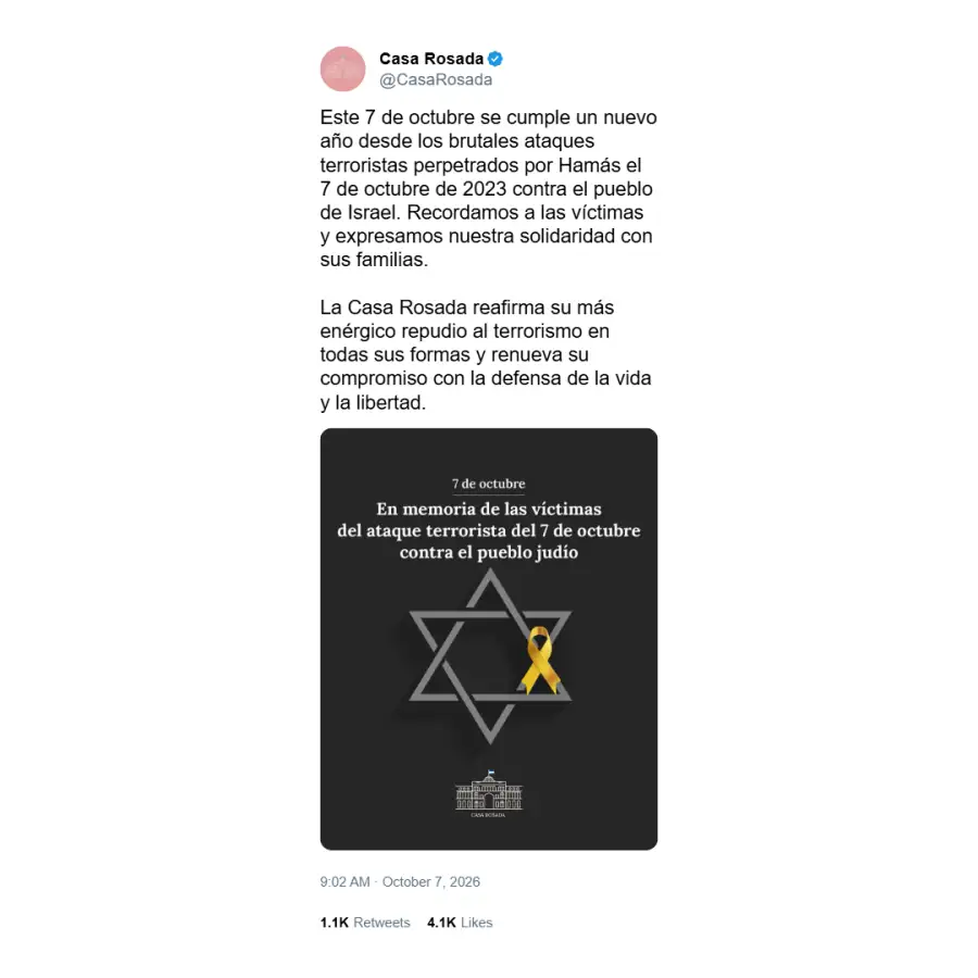 Tuit de Argentina sobre el 3 aniversario del ataque de Hamas