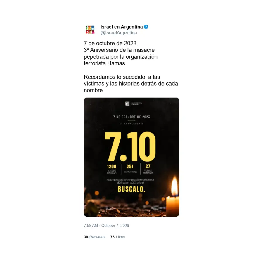 Tuit de la embajada de Israel en Argentina sobre el 3 aniversario del ataque de Hamas