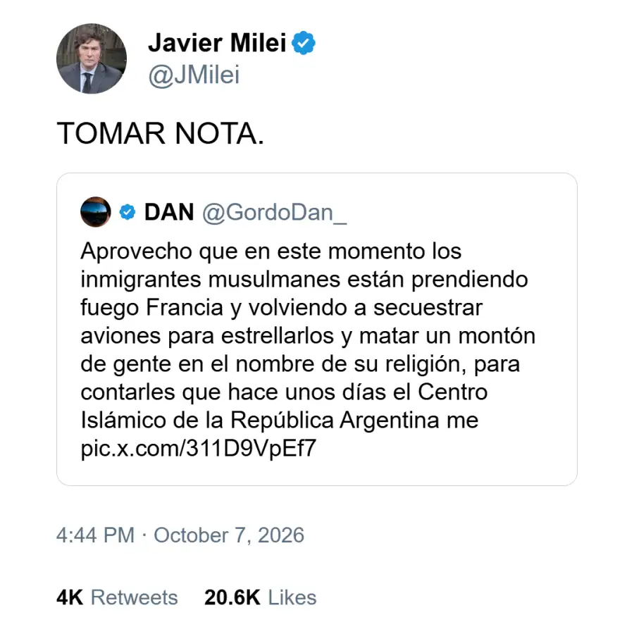 Posteo de Javier Milei apoyando al Gordo Dan, denunciado por atacar al Islam
