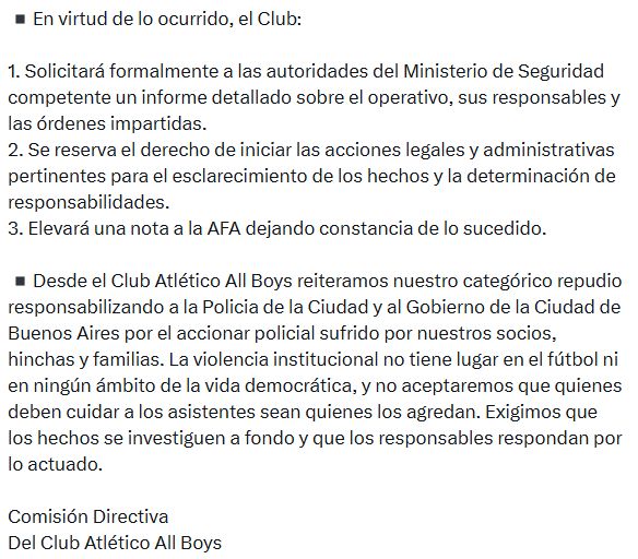 Comunicado de All Boys