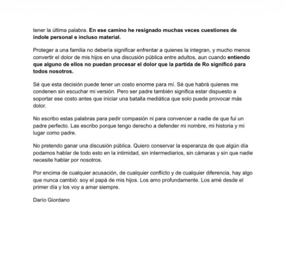 Comunicado de Darío Giordano tras las declaraciones de su hijo Valentín Yankelevich