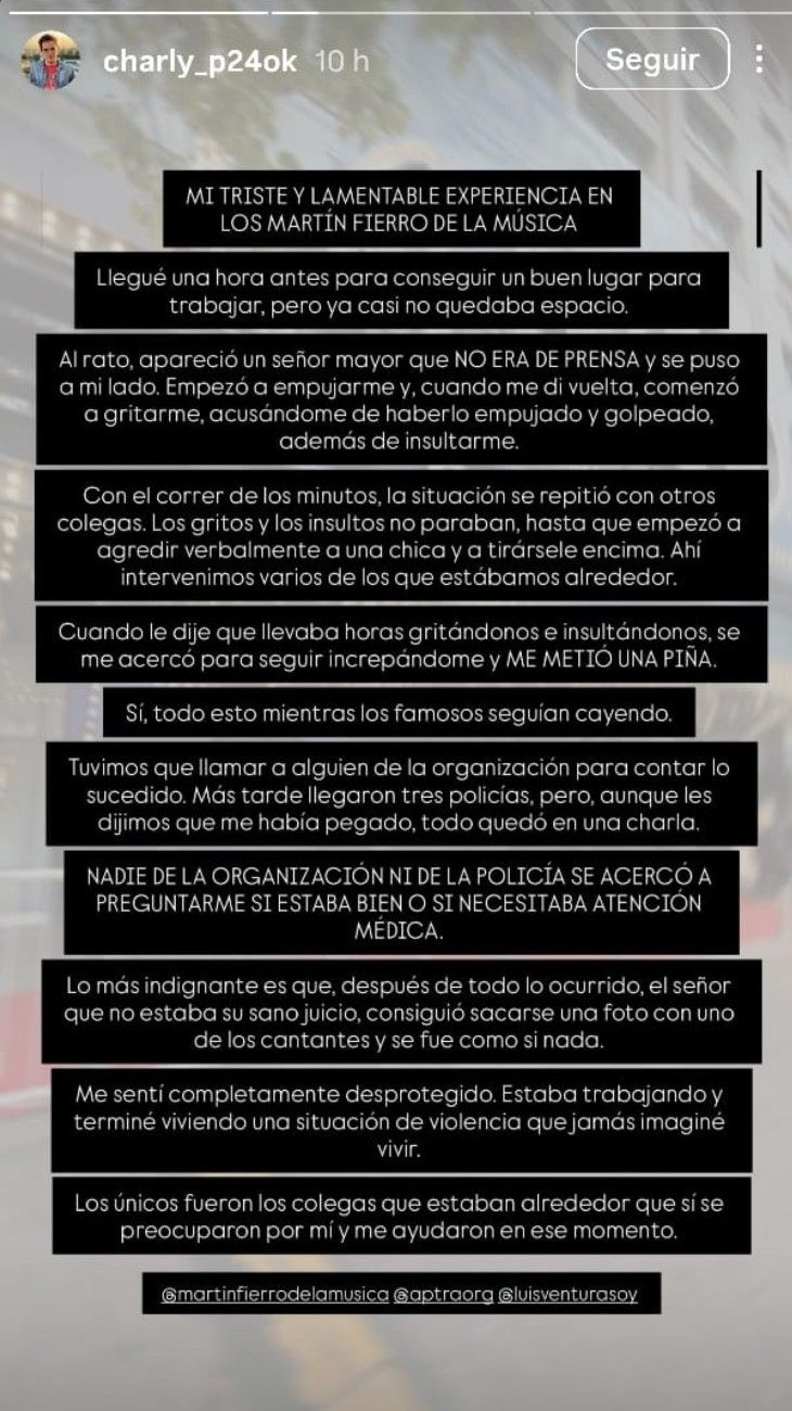 Agredieron a un periodista en los Martín Fierro de la Música