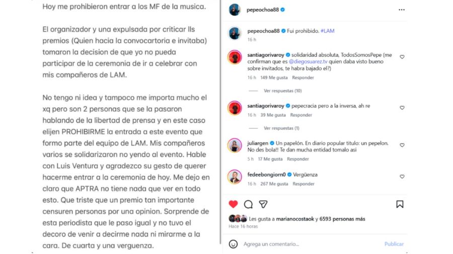 Pepe Ochoa denunció censura en los Martín Fierro de la Música