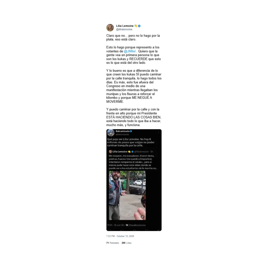Posteo de Lilia Lemoine sobre la agresión que sufrió 3