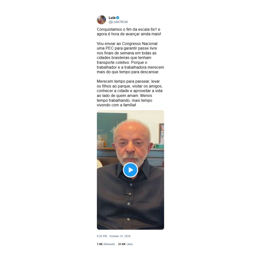 Posteo de Lula con anuncio de transporte gratuito