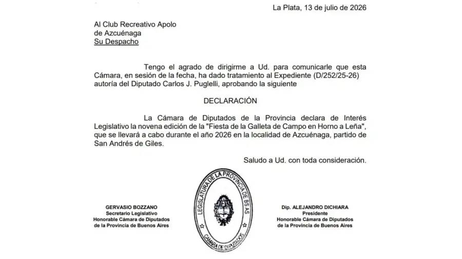 El diputado Carlos Puglelli, de Unión por la Patria, logró que se declare de interés legislativo la Fiesta de la Galleta de Campo en Horno a Leña, en Azcuénaga, partido de San Andrés de Giles