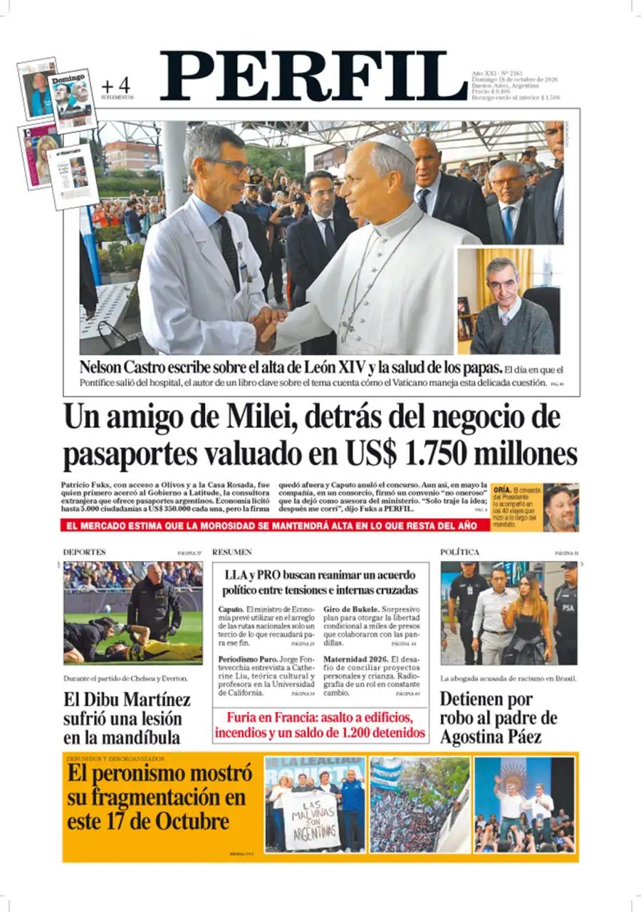 La tapa del Diario PERFIL del domingo 18 de octubre de 2026