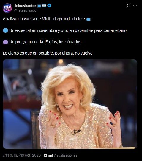 Cuándo volvería Mirtha Legrand a El Trece