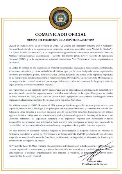 El Gobierno declaró organizaciones terroristas