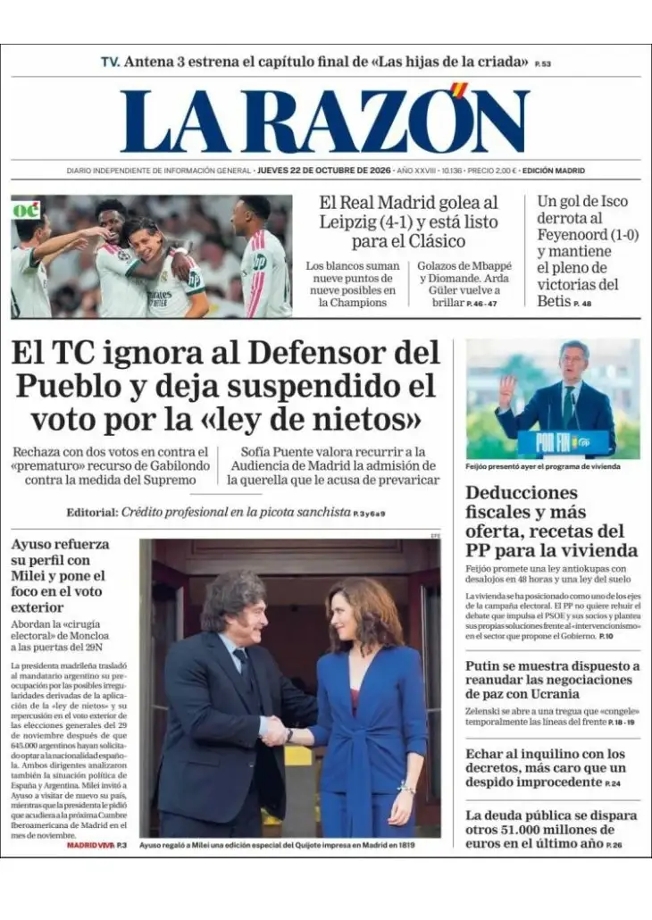 Tapas Milei en diarios de España 22102026