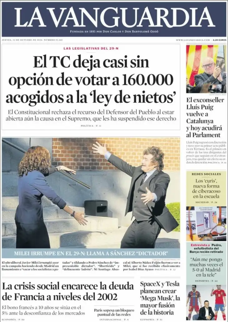 Tapas Milei en diarios de España 22102026