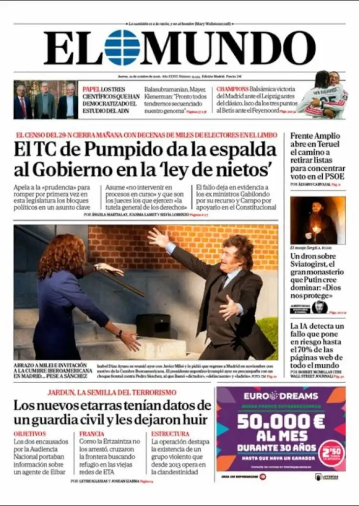 Tapas Milei en diarios de España 22102026