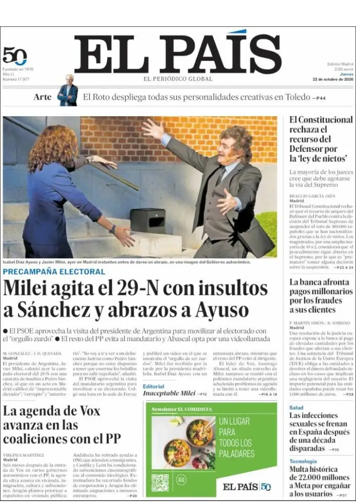 Tapas Milei en diarios de España 22102026