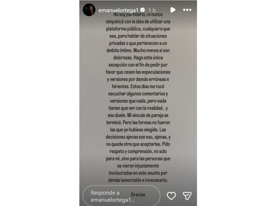 Emanuel Ortega sacó un descargo tras su separación de Julieta Prandi