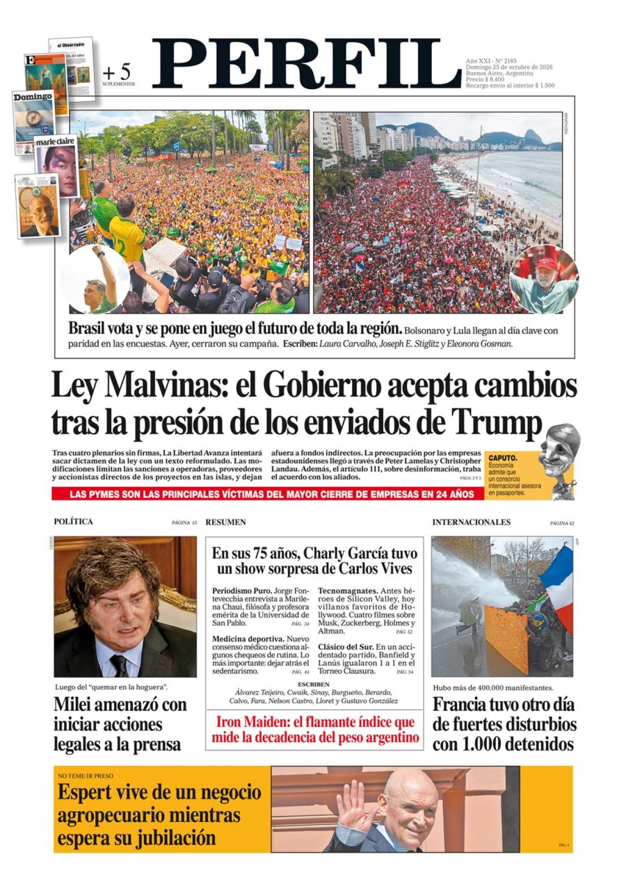 La tapa del Diario PERFIL del domingo 25 de octubre de 2026