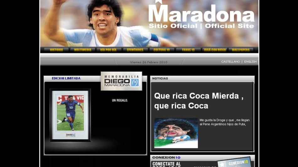Así se ve el sitio de Diego Maradona (Click para agrandar)