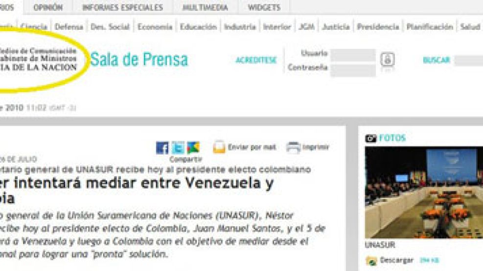 Captura de pantalla del portal de información para la prensa de Presidencia.