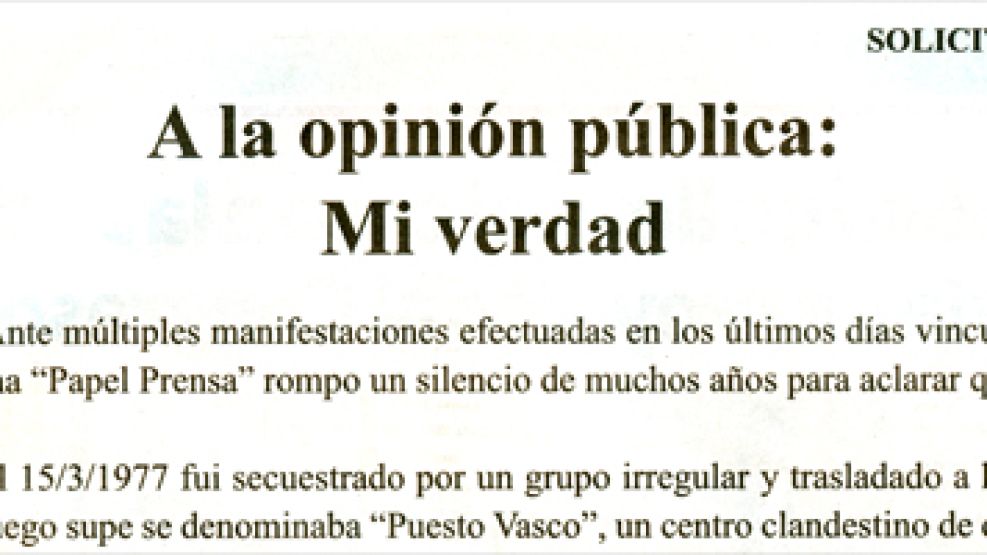 La solicitada de Isidoro Graiver apareció en los diarios Clarín y La Nación. 