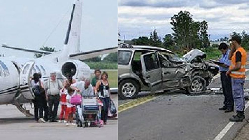 Alperovich y su familia en el avión sanitario. A la derecha, cómo quedó la camioneta de la familia tucumana tras el accidente.