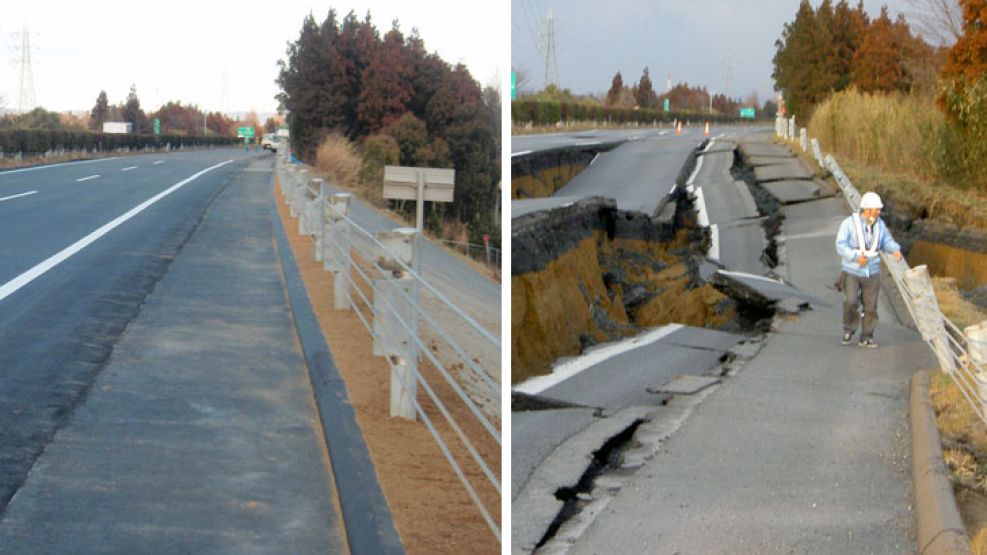 A la izquierda, la autopista reparada; a la derecha, la imagen después del terremoto.