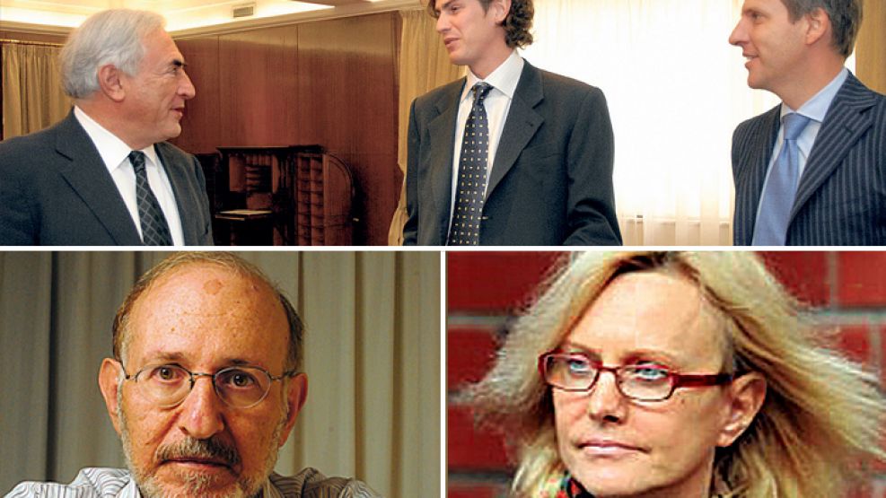 Economía hot. Strauss-Kahn, Lousteau y Redrado, en la visita del francés a la Argentina en 2007. Abajo Blejer y su ex mujer Nagy.