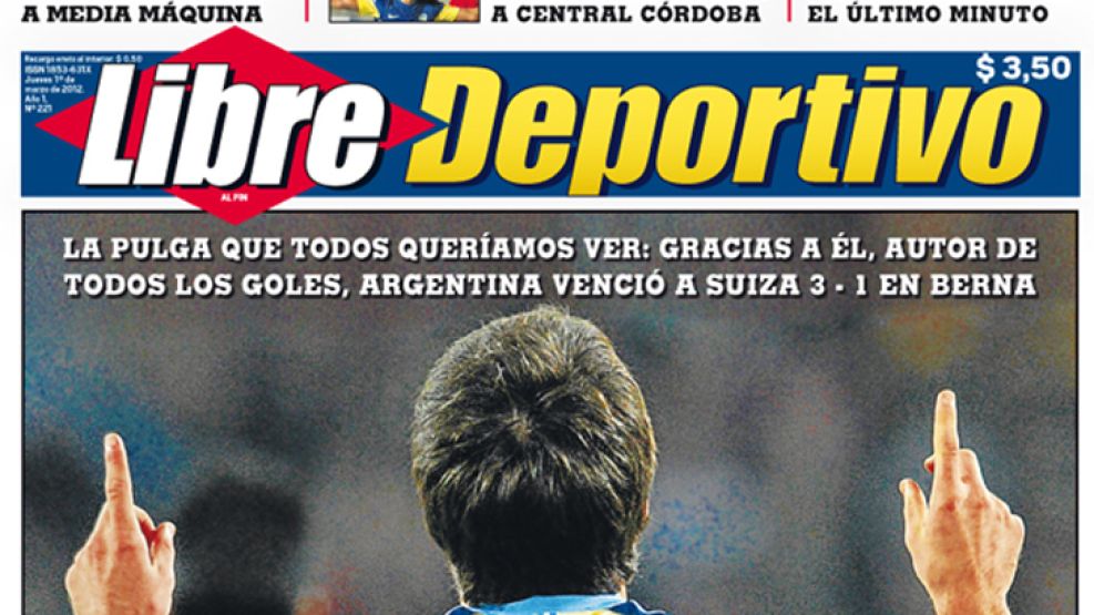 La portada del diario Libre de este jueves con Lionel Messi, autor de los 3 goles argentinos. 