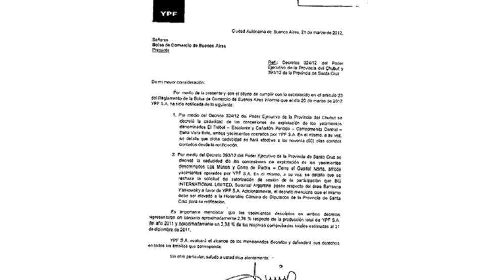 El documento de YPF que habilita a Repsol para apelar el retiro de varias concesiones.