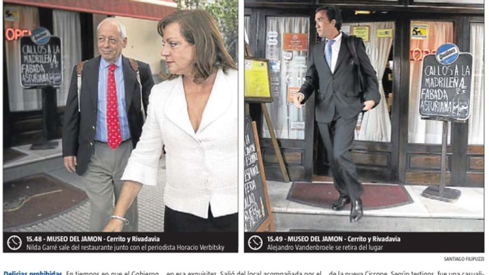 Verbitsky y Garré salen de El museo del jamón, a las 15:48. Vandenbroele, por su lado, se retira un minuto después. 