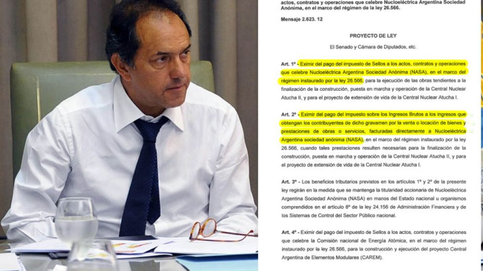 Scioli quiere eximir de impuestos a empresas que trabajen con Nuceoeléctrica SA.