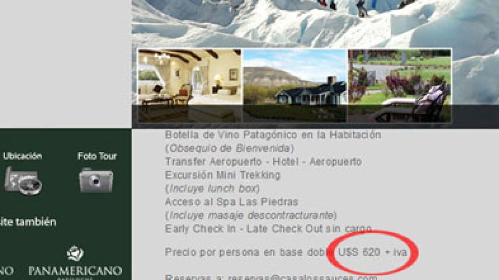 Las tarifas de las habitaciones y servicios del hotel de la Presidenta en Calafate, como se ve en la web, están expresados en dólares.