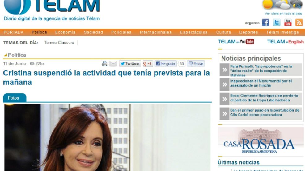 No hay mención a la salud de Máximo Kirchner en la web de Télam.