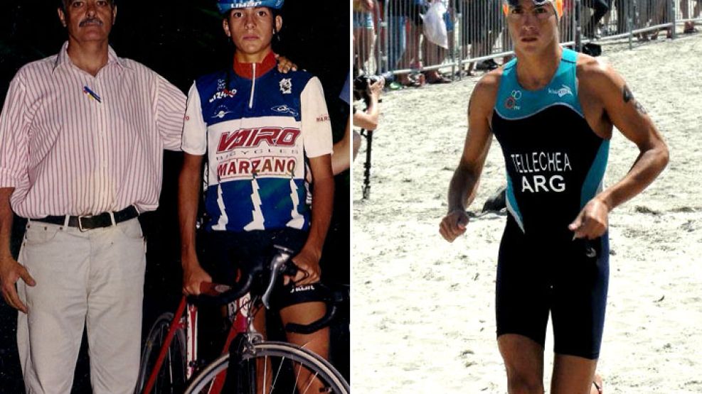 Gonzalo Tellechea, con su papá Raul y compitiendo en un triatlón.