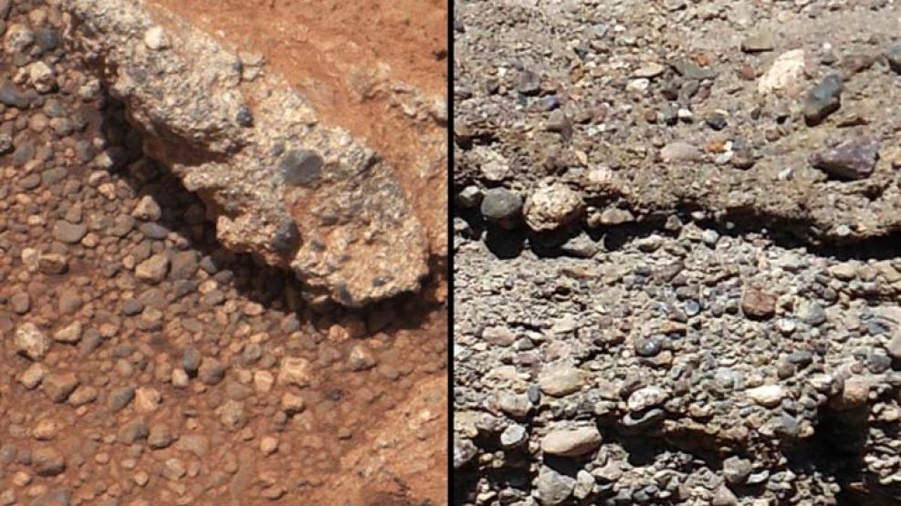 Las fotos muestran cómo son las rocas halladas en Marte (izquierda) y los restos de similares en la Tierra. 