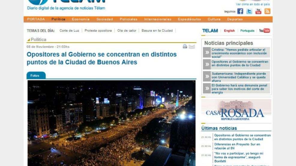 Captura del cable de Telam en el que ignora la movilización en el interior y en las ciudades más importantes del mundo.