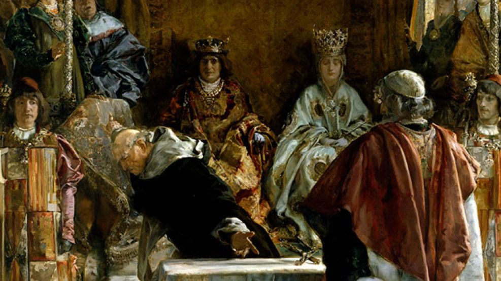 "Expulsión de los judíos de España", óleo realizado en 1889 por Emilio Sala. Los Reyes Católicos observan la irrupción de Torquemada quien arroja una cruz al promover la expulsión de los judíos.
