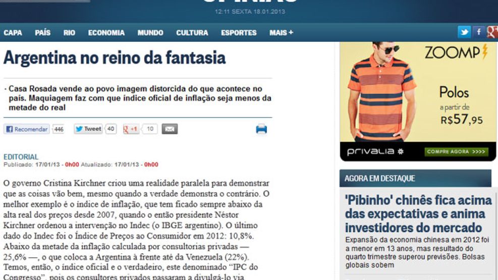 El periódico brasileño publicó una editorial titulada "La Argentina es un reino de fantasía".