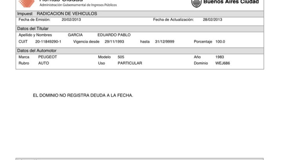 De acuerdo a información pública del Gobierno de la Ciudad de Buenos Aires, el vehículo modelo 83 estaba a nombre Eduardo Pablo García (Aliverti, apellido de su madre) y "no registraba deuda a la fech