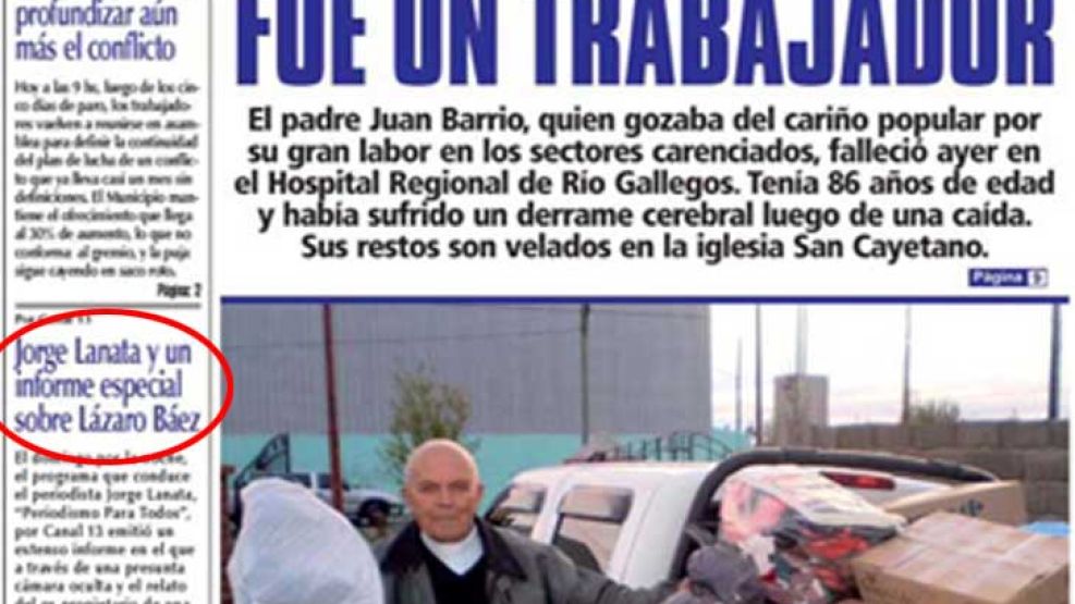 La portada del diario santacruceño Prensa Libre, propiedad del empresario Lazaro Báez. 