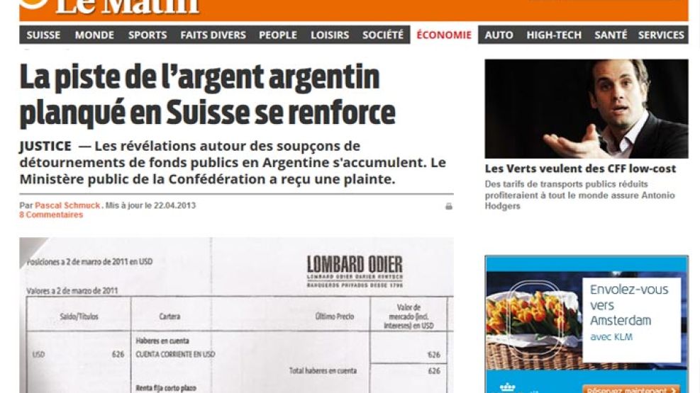La nota del diario suizo en el que se da a conocer el supuesto caso de lavado de dinero argentino.