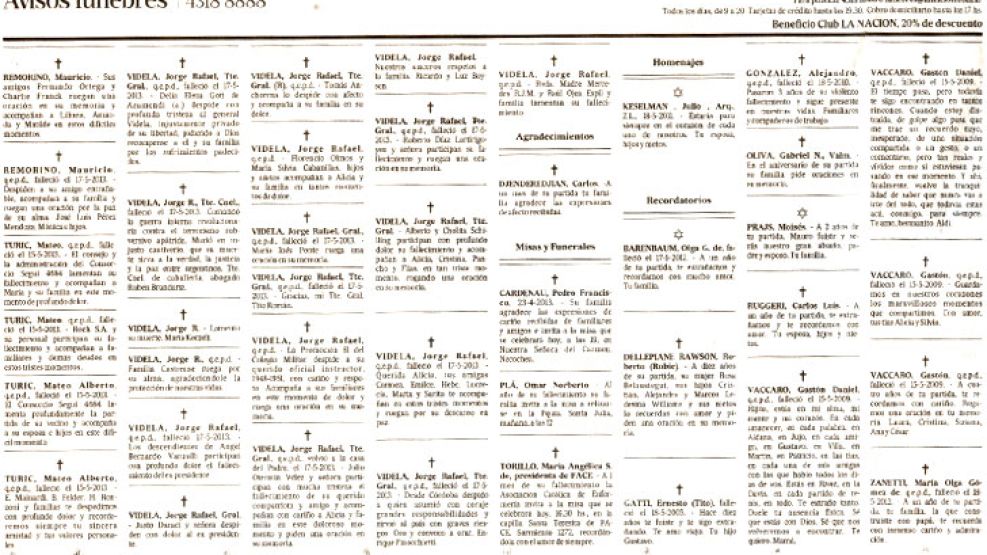 El diario publicó 18 avisos de amigos y familiares del dictador. 