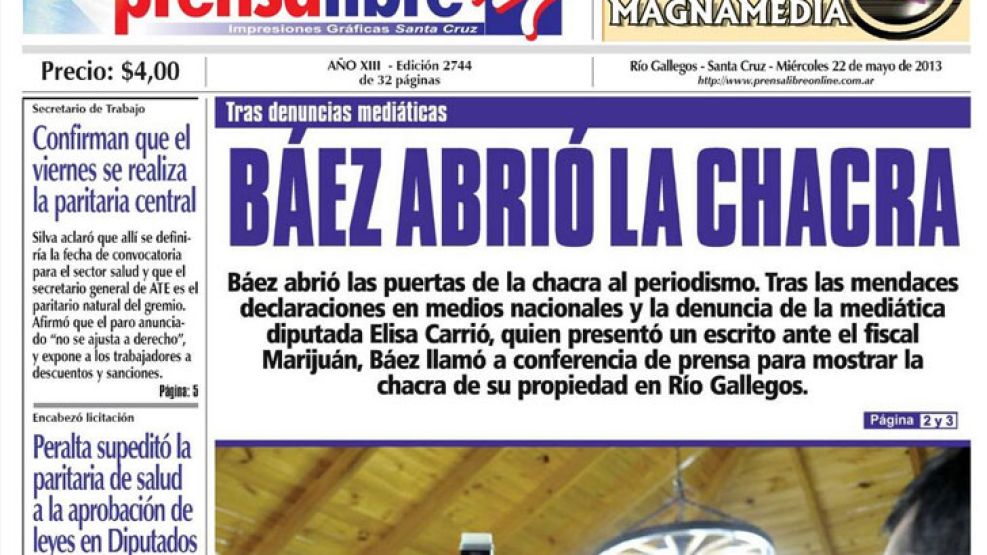 La portada del diario Prensa Libre de hoy, propiedad de Lázaro Báez. 