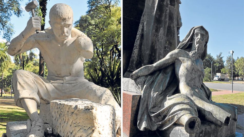Mutiladas. El Picapedrero (izq.), sin una mano. El Monumento a España también sufrió destrozos.