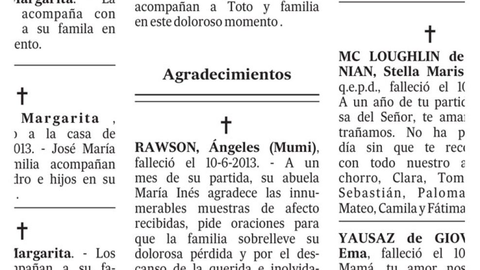 El aviso de María Inés, abuela de Angeles Rawson, en La Nación. 