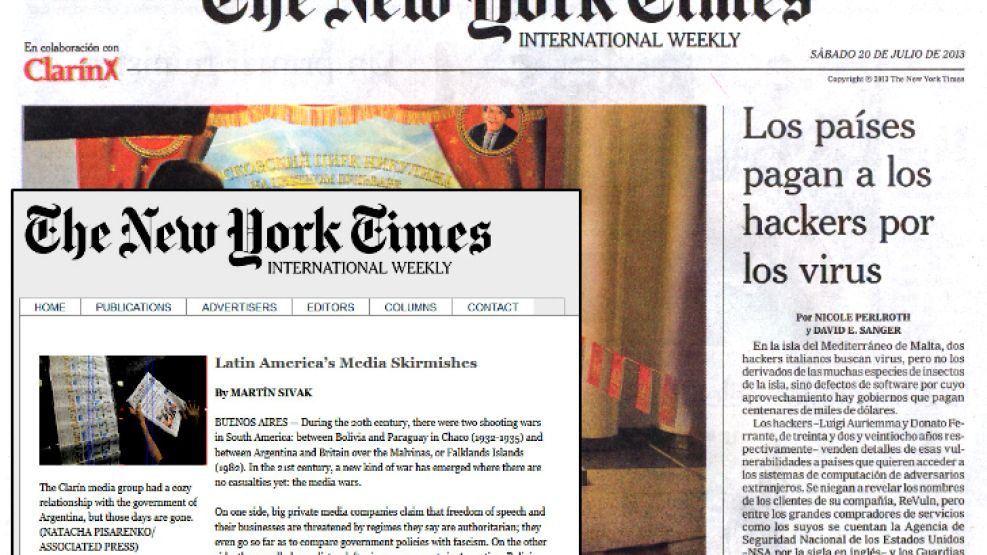 Distintos. Tapas de ayer de The New York Times-Clarín y la nota descartada porque “es un tema muy sensible”, según la explicación oficial.