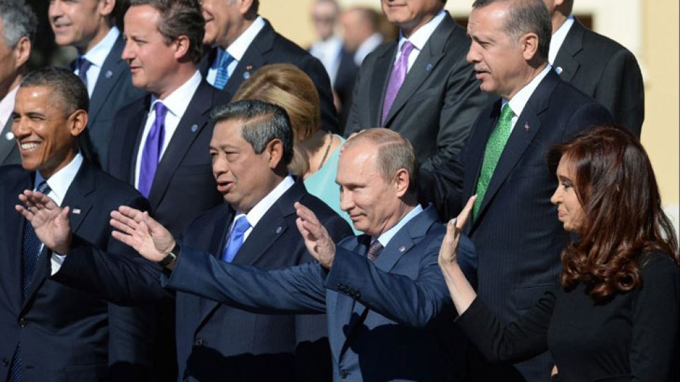 Cristina, en primera fila, junto a Putin, Yudhoyono y Obama. 