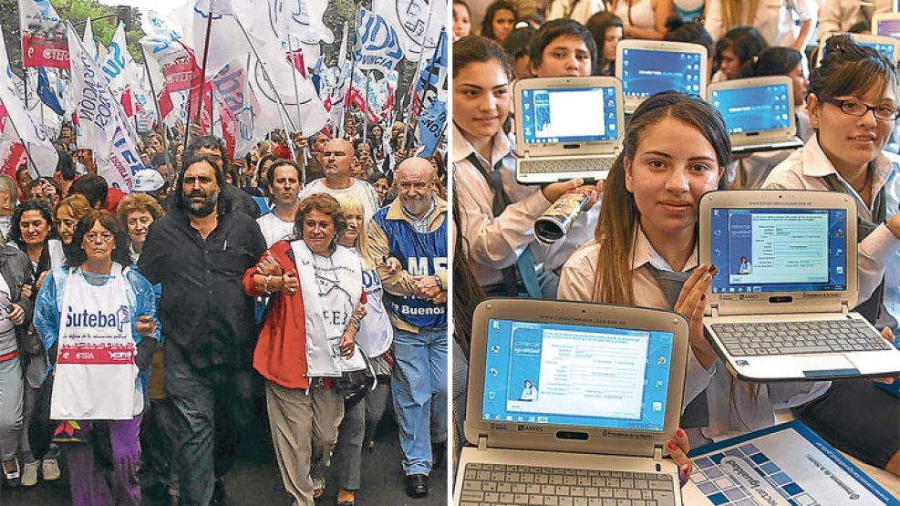 Más y menos recursos. Se entregan muchas computadoras personales, pero no hay ningún sistema en red en las escuelas y falta conectividad global. Gremios docentes, eterna oposición.